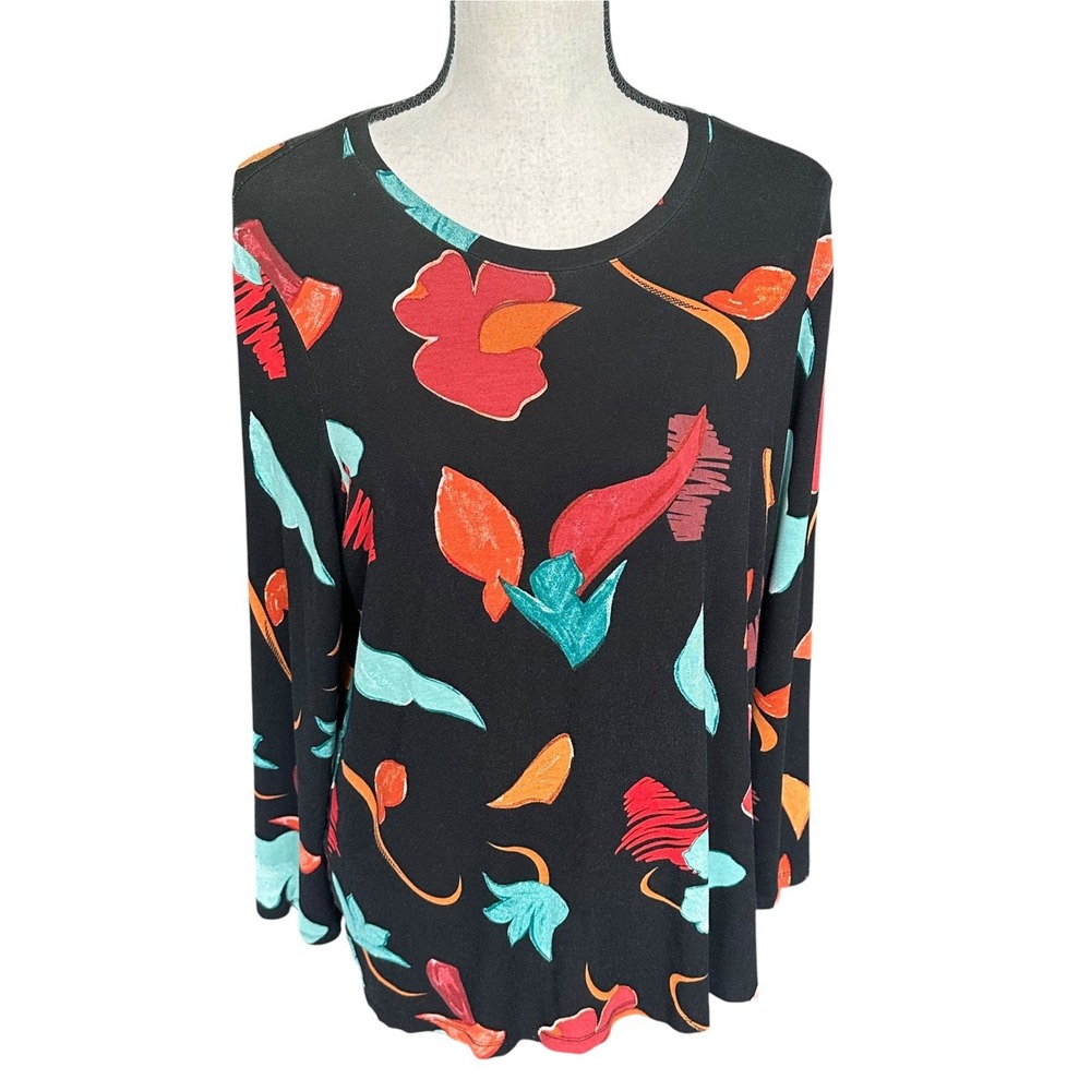 Chico's Floral Knit Top Size 3 XL Navy Pink Orange 3/4 Sleeve Scoop Neck Shirt